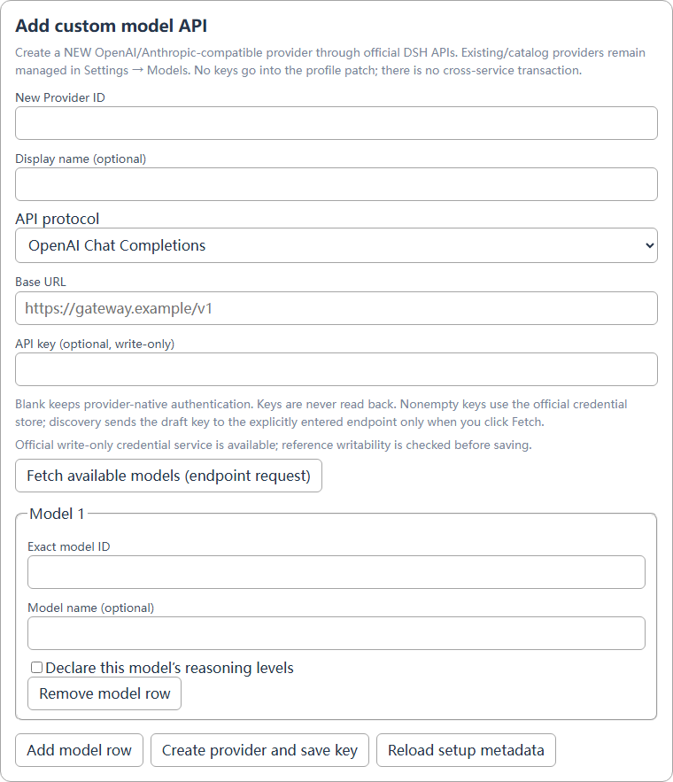 Custom API model setup with protocol, Base URL and write-only key