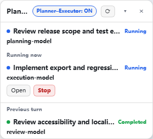 Planner–Executor activity: actual main/child models and previous results
