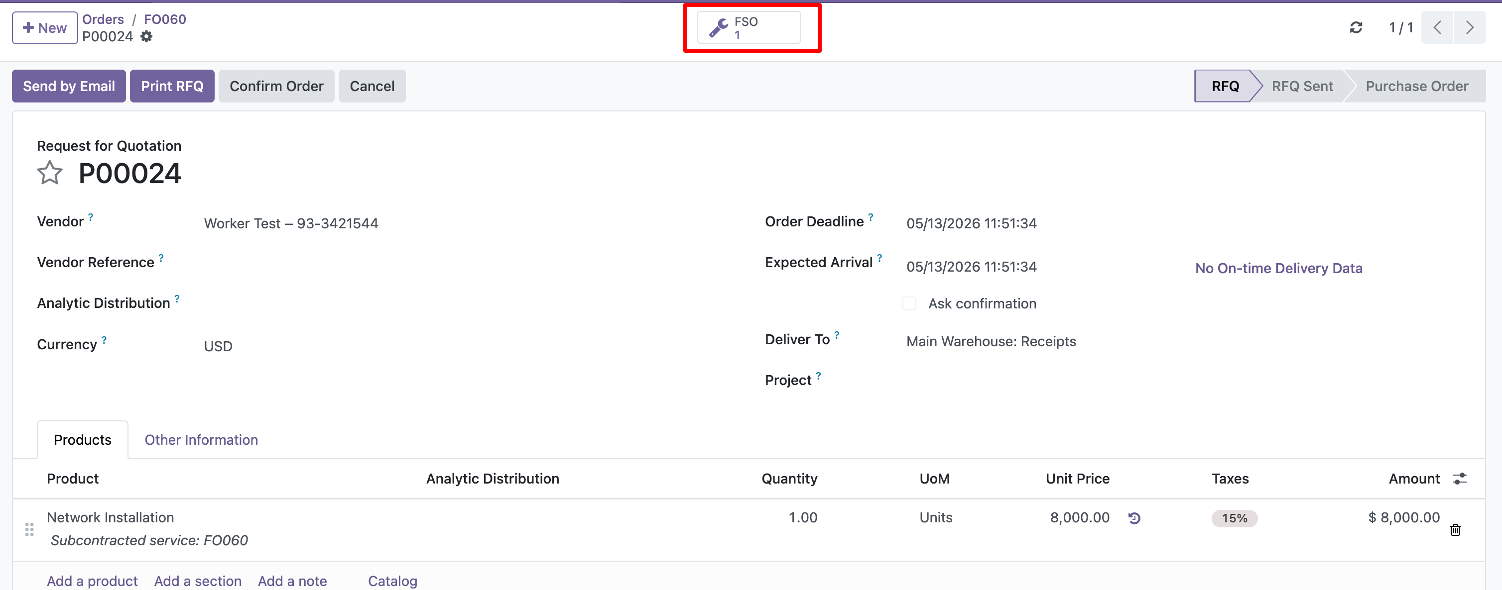 Field Service Order smart button on the Purchase Order