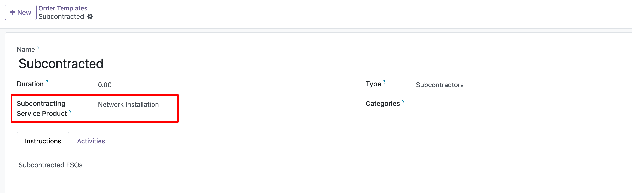 Subcontracting product on the Field Service template