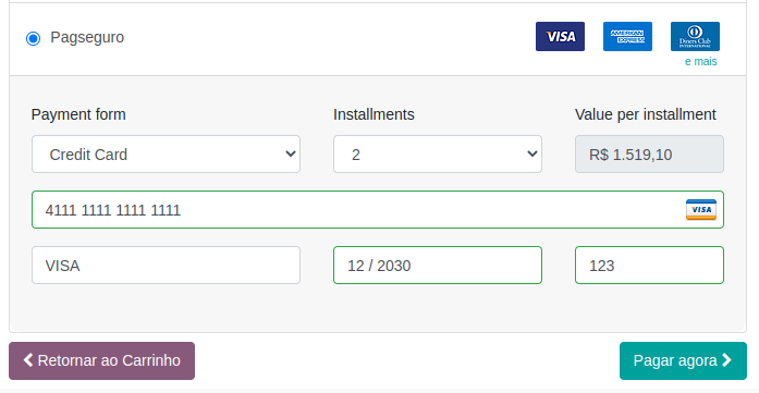 Payment form pagseguro