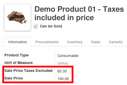 Product with his price and the price without taxes