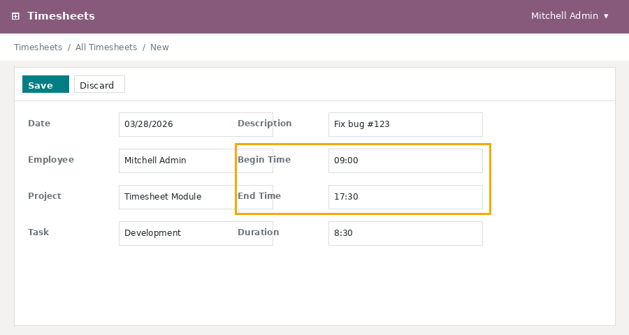 Timesheet form view with Begin Time and End Time fields