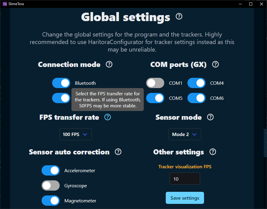 SlimeTora global settings section