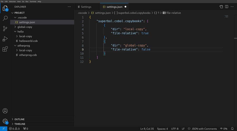 Editing copybook paths in .vscode/settings.json