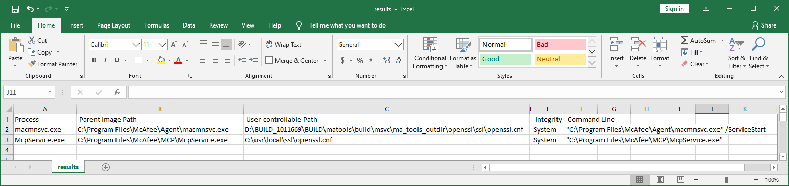 results.csv for Mcafee