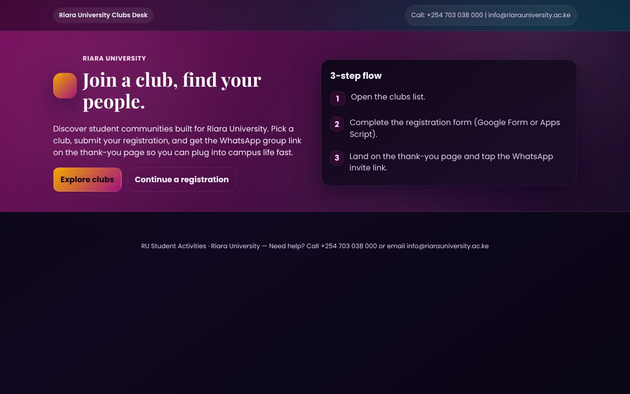 Club Registration landing page