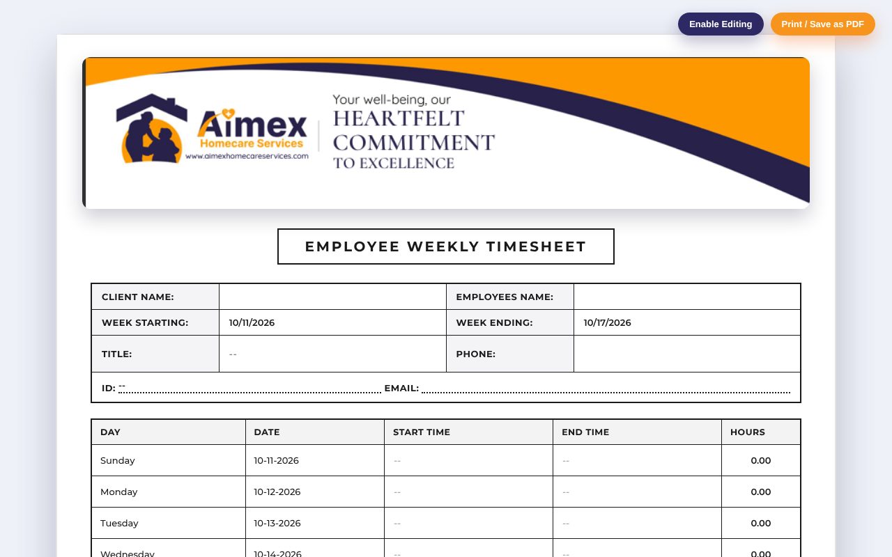 Employee weekly timesheet
