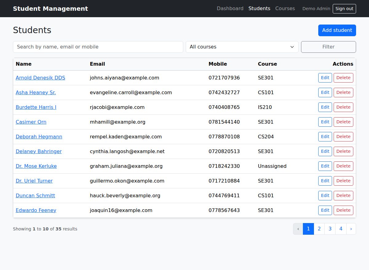 Student Management System student list with search and filters