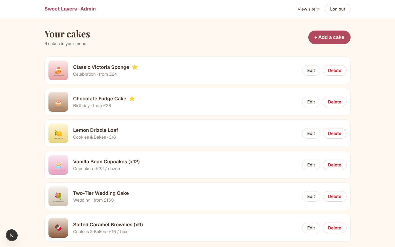 Sweet Layers admin dashboard listing cakes