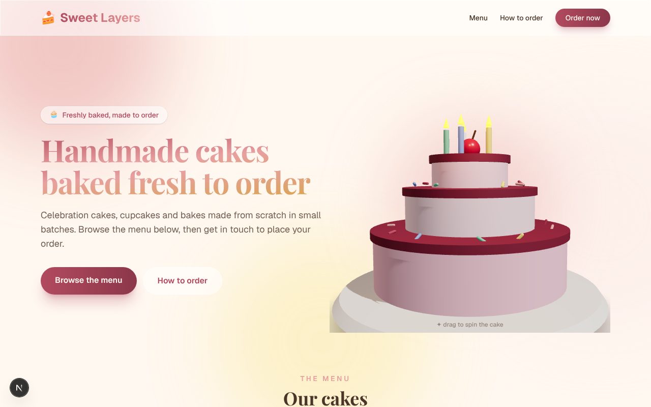 Sweet Layers home page with a 3D cake