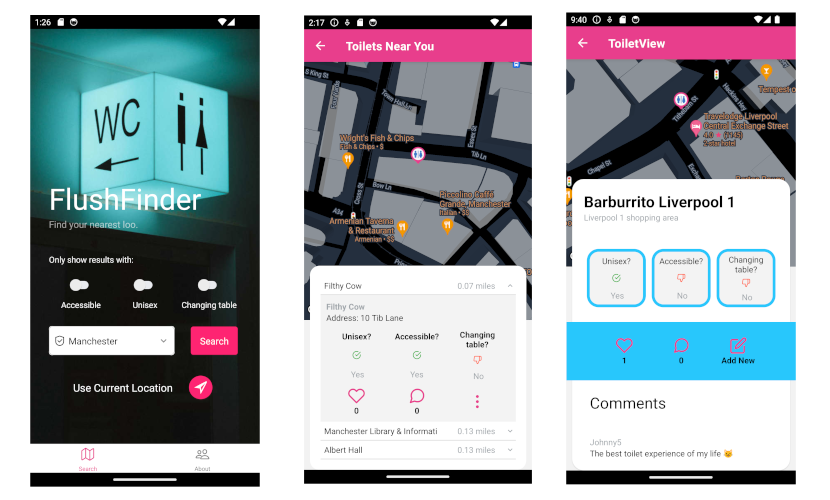 screenshots of the flush finder application showing the home page, search results and toilet view