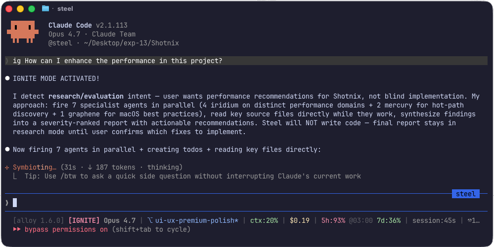 claude-alloy in IGNITE mode — steel verbalizes intent, fires specialists in parallel, and the HUD statusline tracks context / cost / quota live