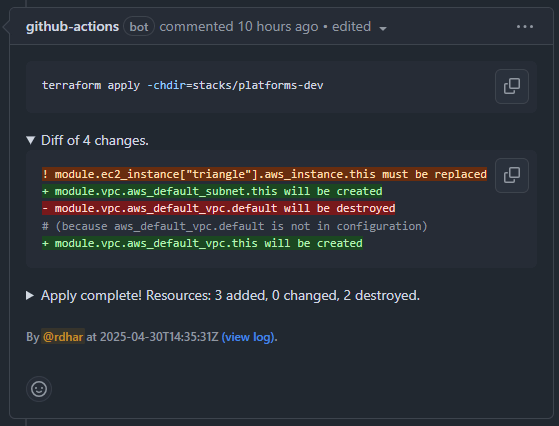 PR comment of plan output with "Diff of changes" section expanded.