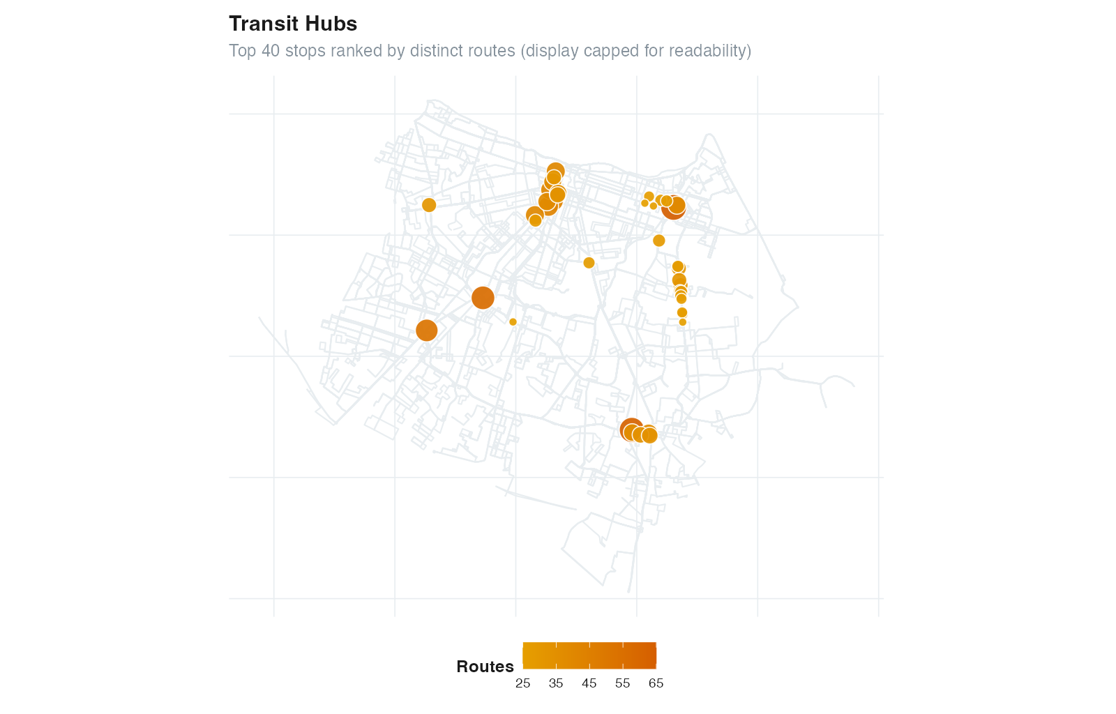 Map of transit hubs sized by route connectivity
