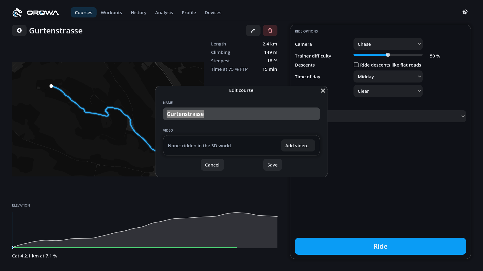 Edit course: the name, and the video to ride along