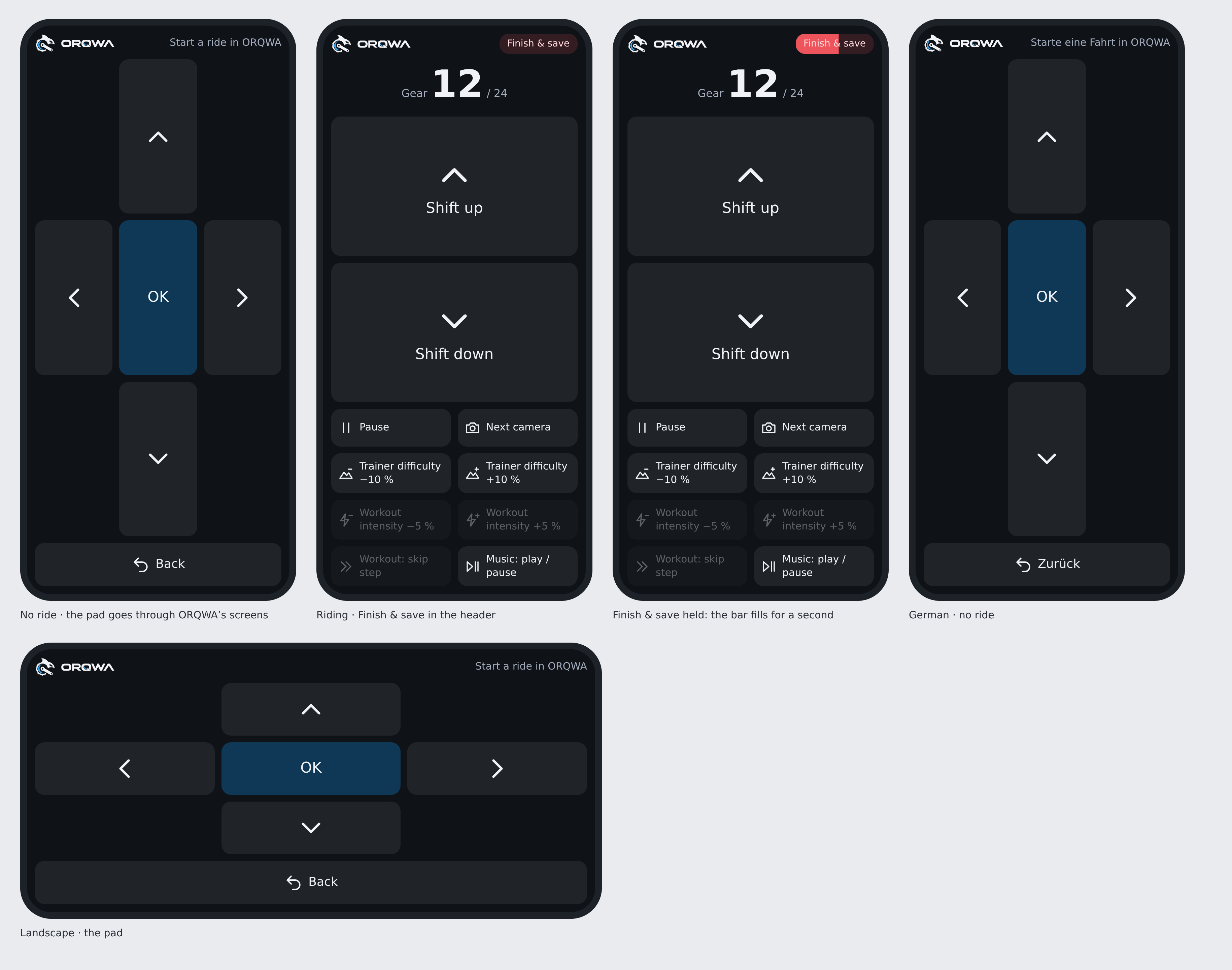 The remote's page: the pad between rides, the ride's buttons and Finish & save during one