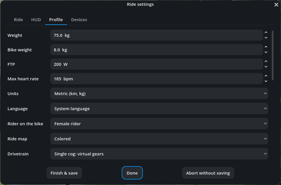 The ride settings' Profile tab