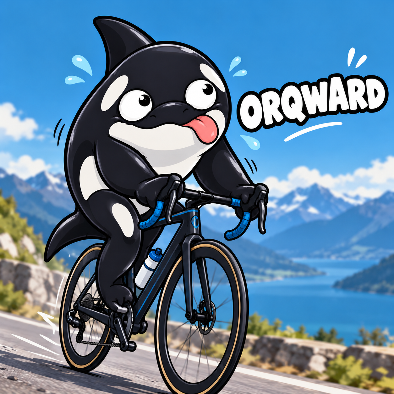 A sweaty orca cycling above an alpine lake, with the caption ORQWARD