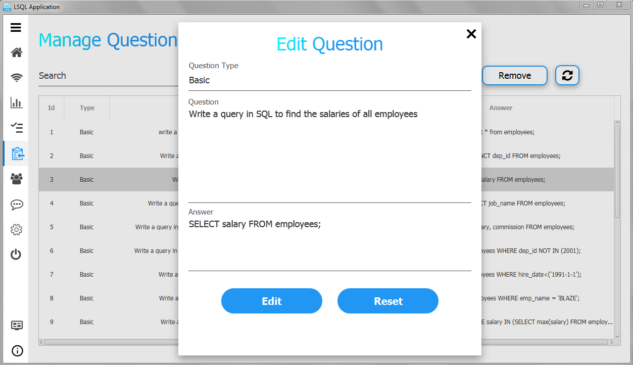 screenshot of manage question