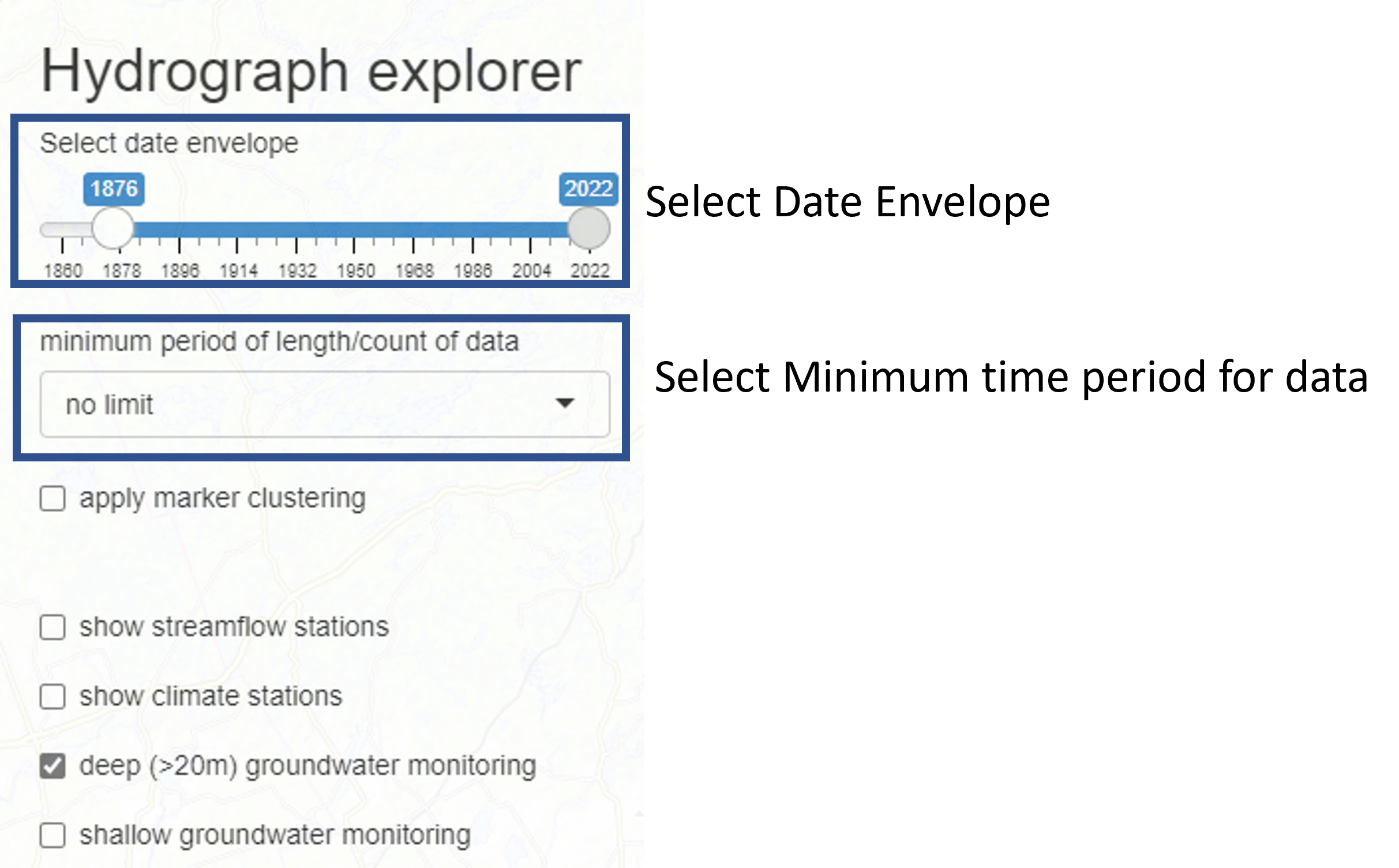 *Figure 2: ORMGP Hydrograph Explorer - Selecting Dates*