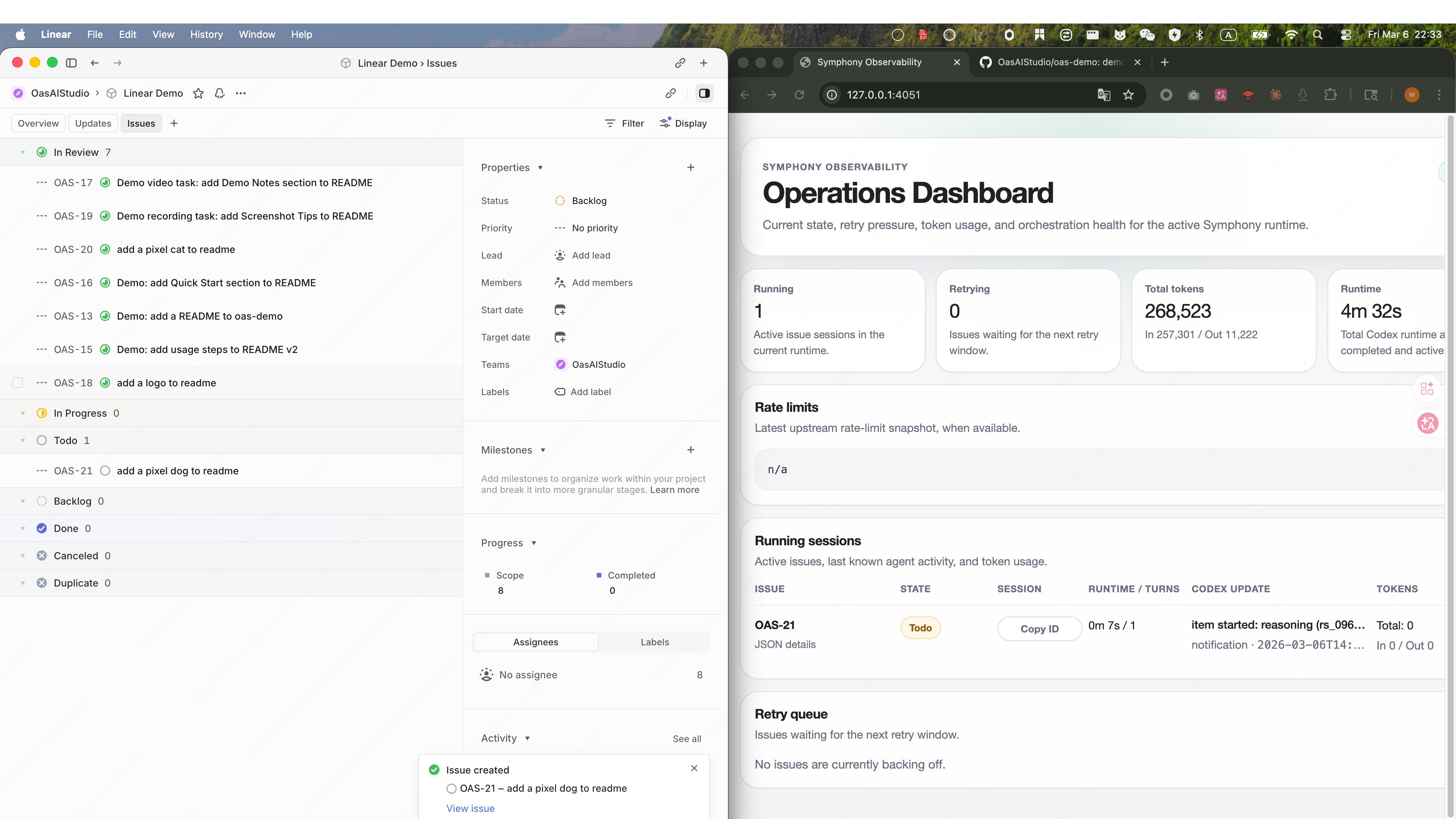 Symphony 演示：Linear 问题跟踪与 Symphony 可观测性仪表板并排显示