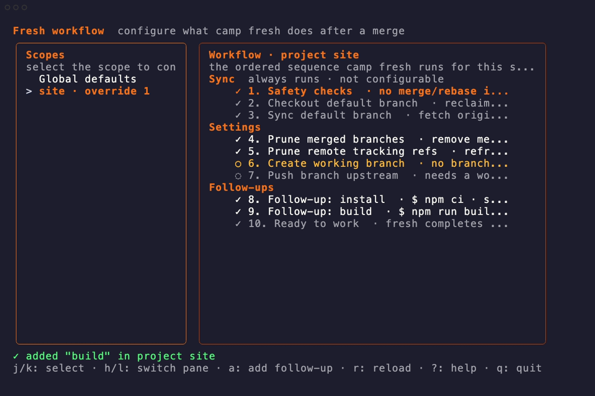 The camp fresh configure TUI: adding npm ci and npm run build through the forms and saving both steps.