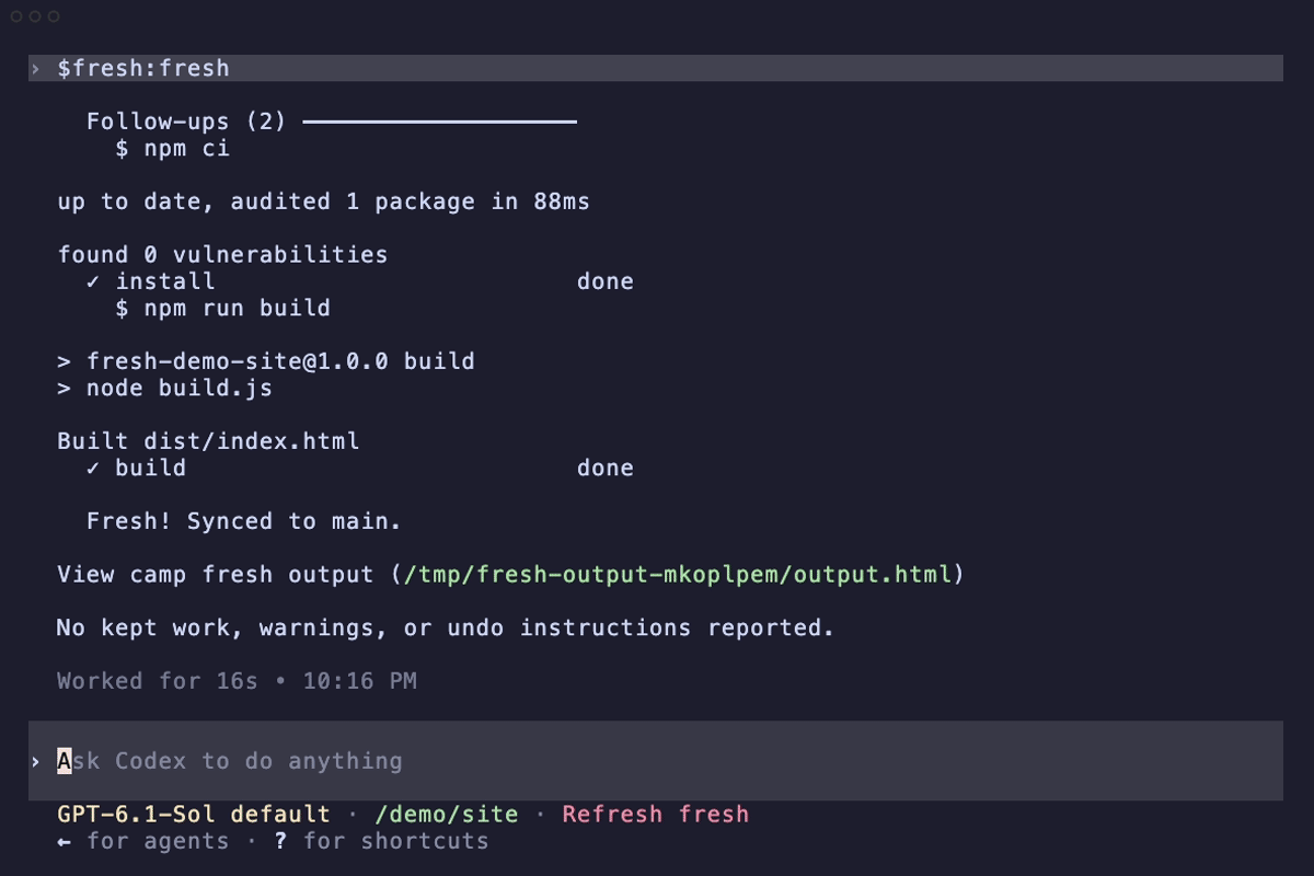 Selecting Fresh in Codex, previewing cleanup, removing the merged branch, and running the saved install and build commands.