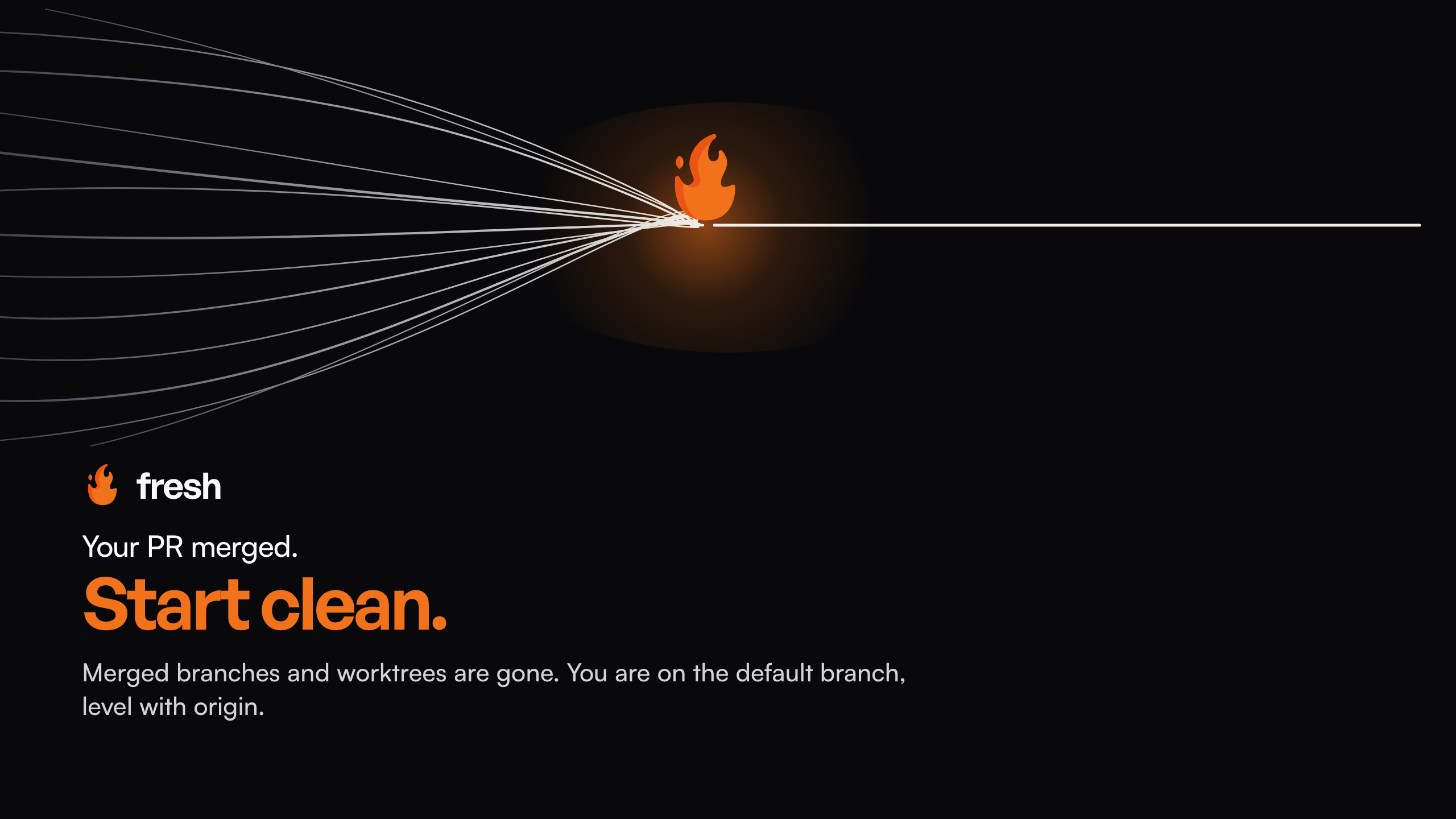 Fresh. Your PR merged. Start clean. Tangled branches draw into one clean line.