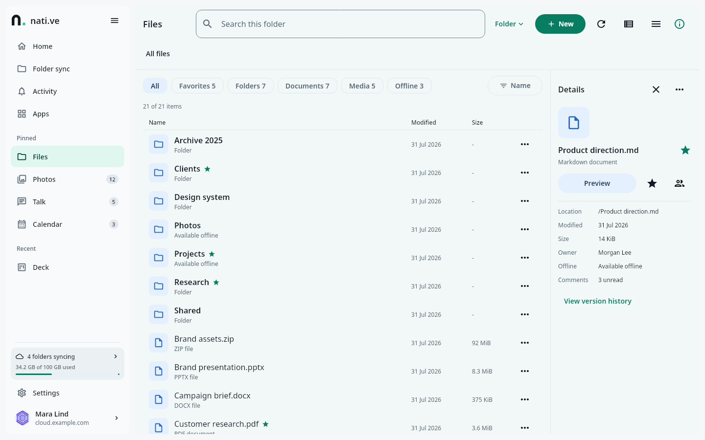 Desktop Files workspace with navigation, file list, filters, search, actions, and details inspector