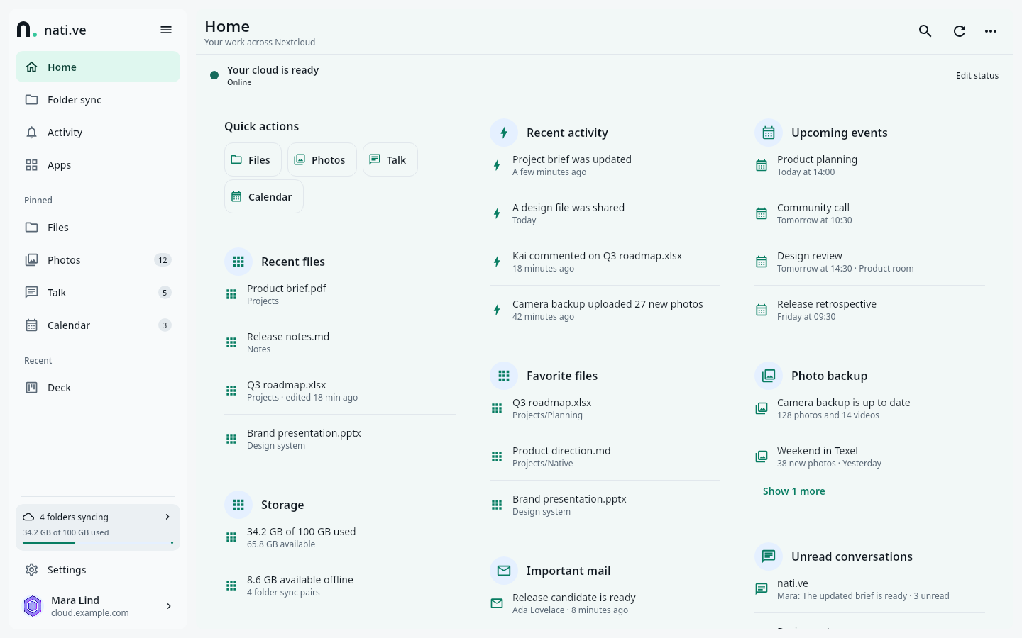 nati.ve desktop overview with files, activity, events, storage, photo backup, mail, and conversations