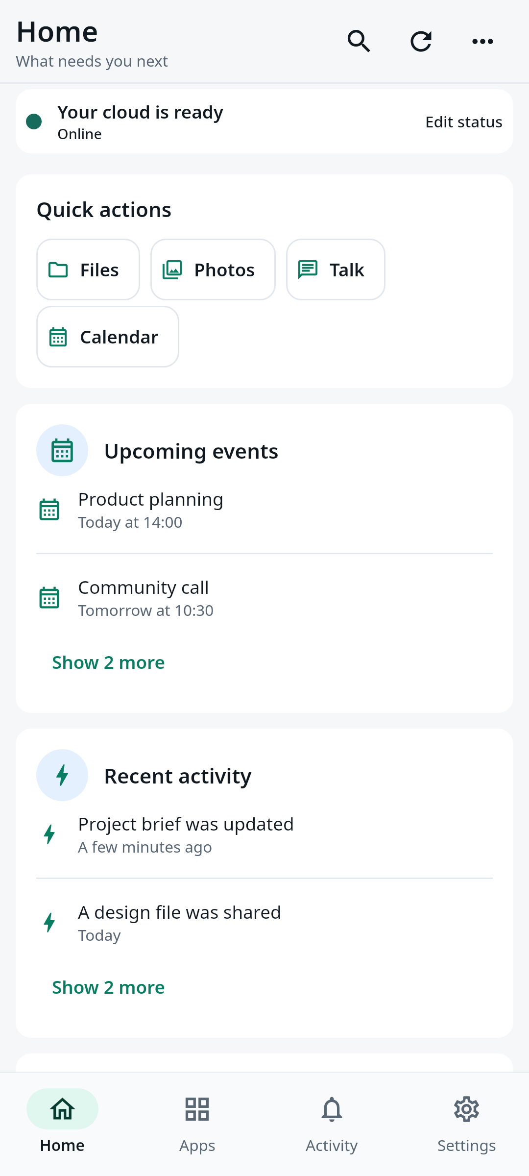 nati.ve mobile overview with quick actions, recent files, and photo backup