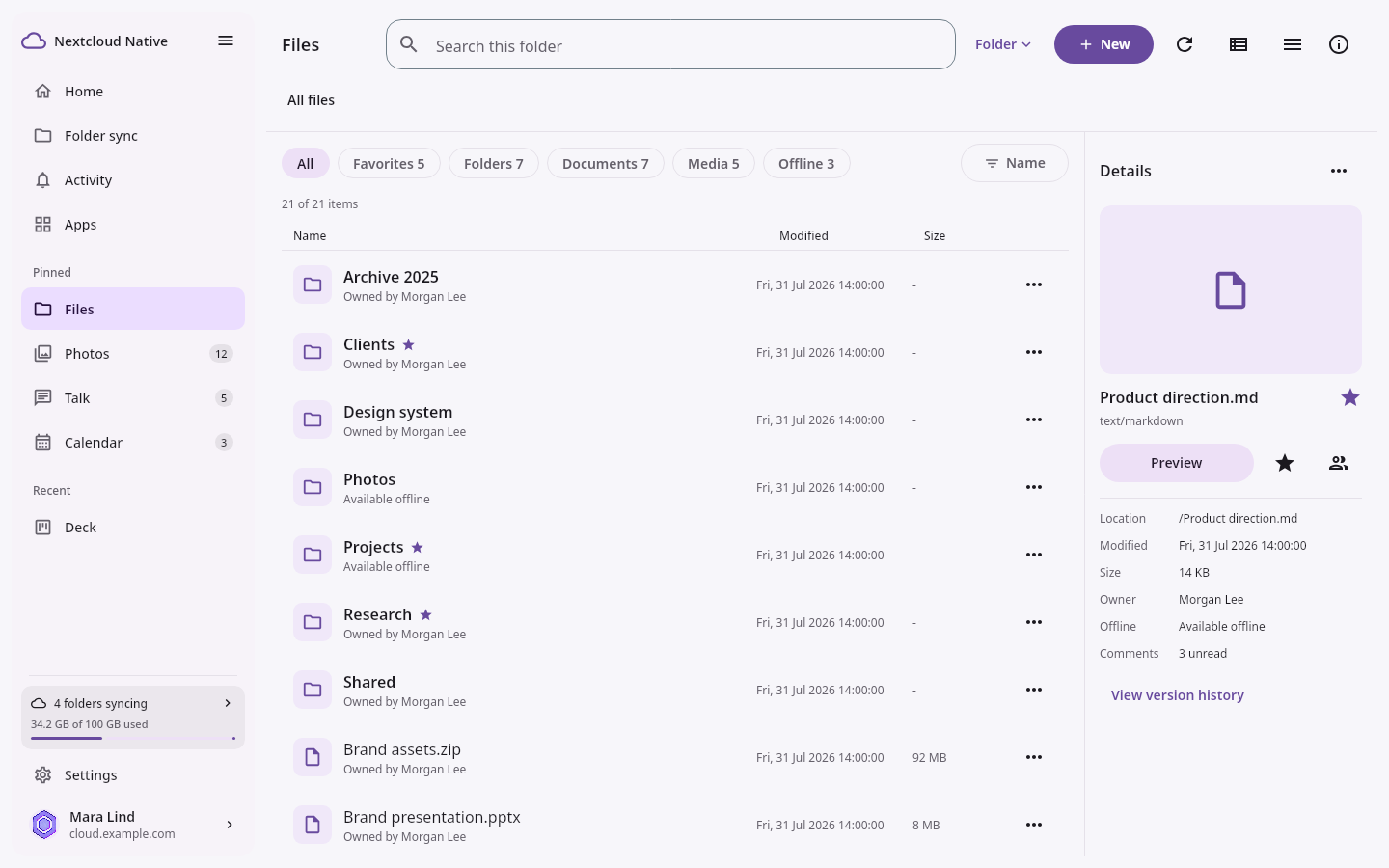 Desktop Files workspace with navigation, file list, filters, search, actions, and details inspector