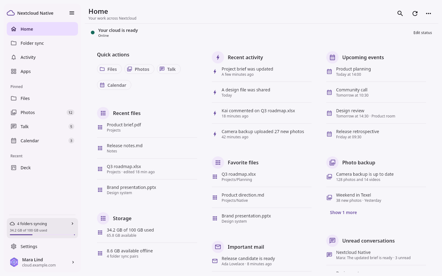 Nextcloud Native desktop overview with files, activity, events, storage, photo backup, mail, and conversations