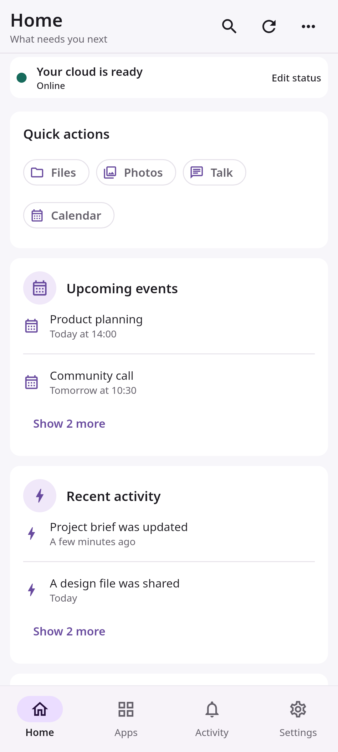 Nextcloud Native mobile overview with quick actions, recent files, and photo backup