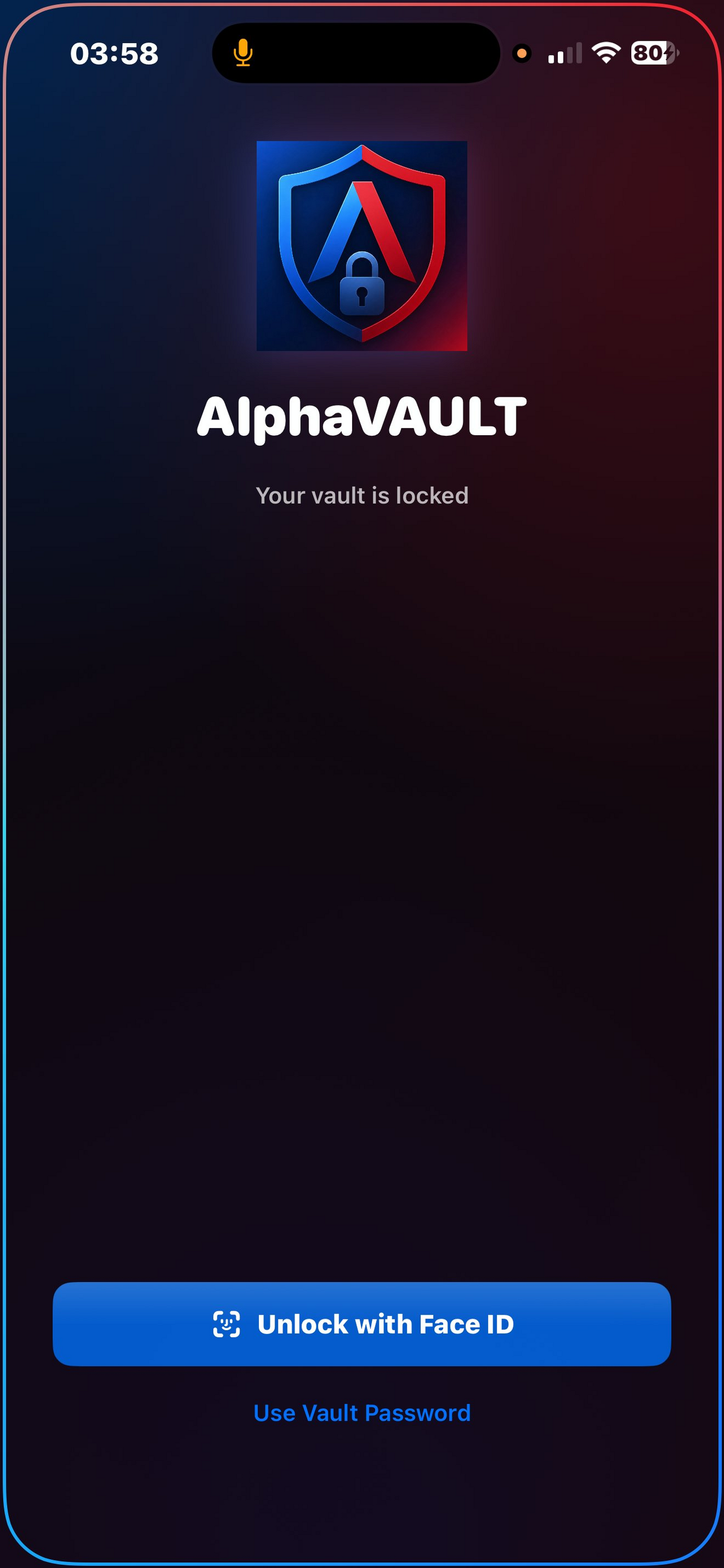 AlphaVAULT — Lock screen with Face ID