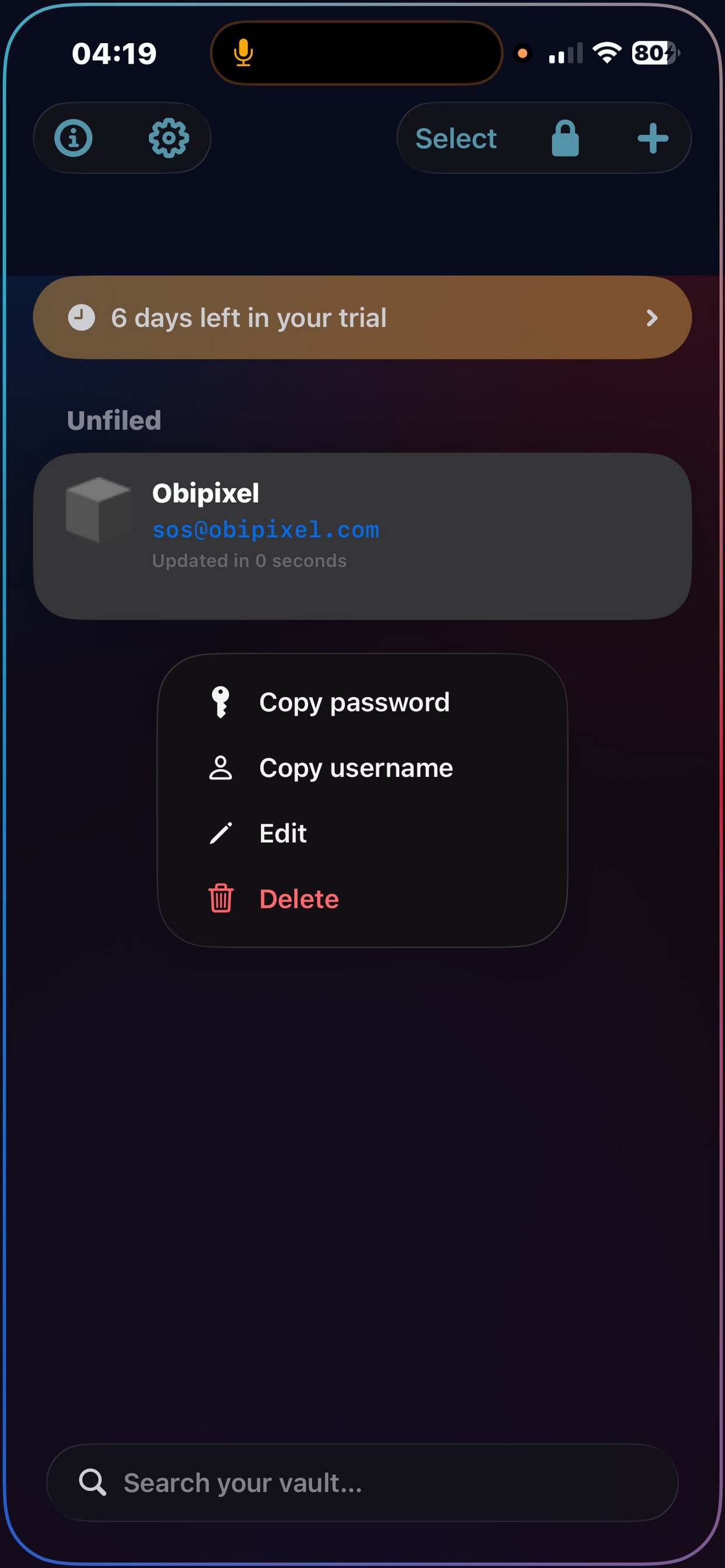 AlphaVAULT — Vault list with context menu