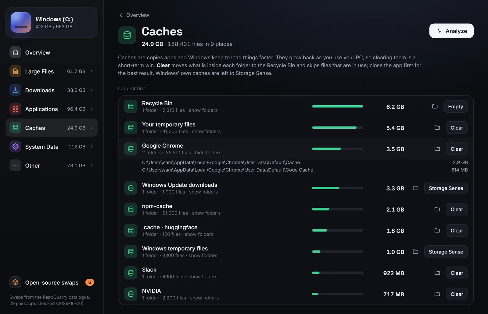 Caches grouped by app, with Clear, Empty and Storage Sense buttons