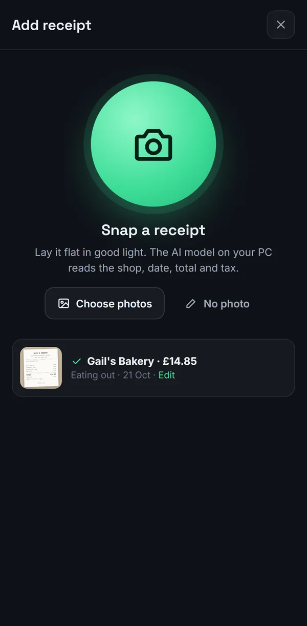 The phone app after reading a bakery receipt