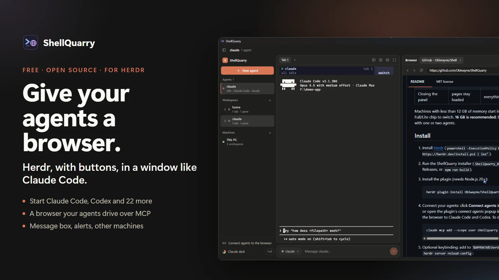ShellQuarry cover: Give your agents a browser. A Claude Code agent in the middle of the window and a browser panel on the right showing the ShellQuarry install steps.