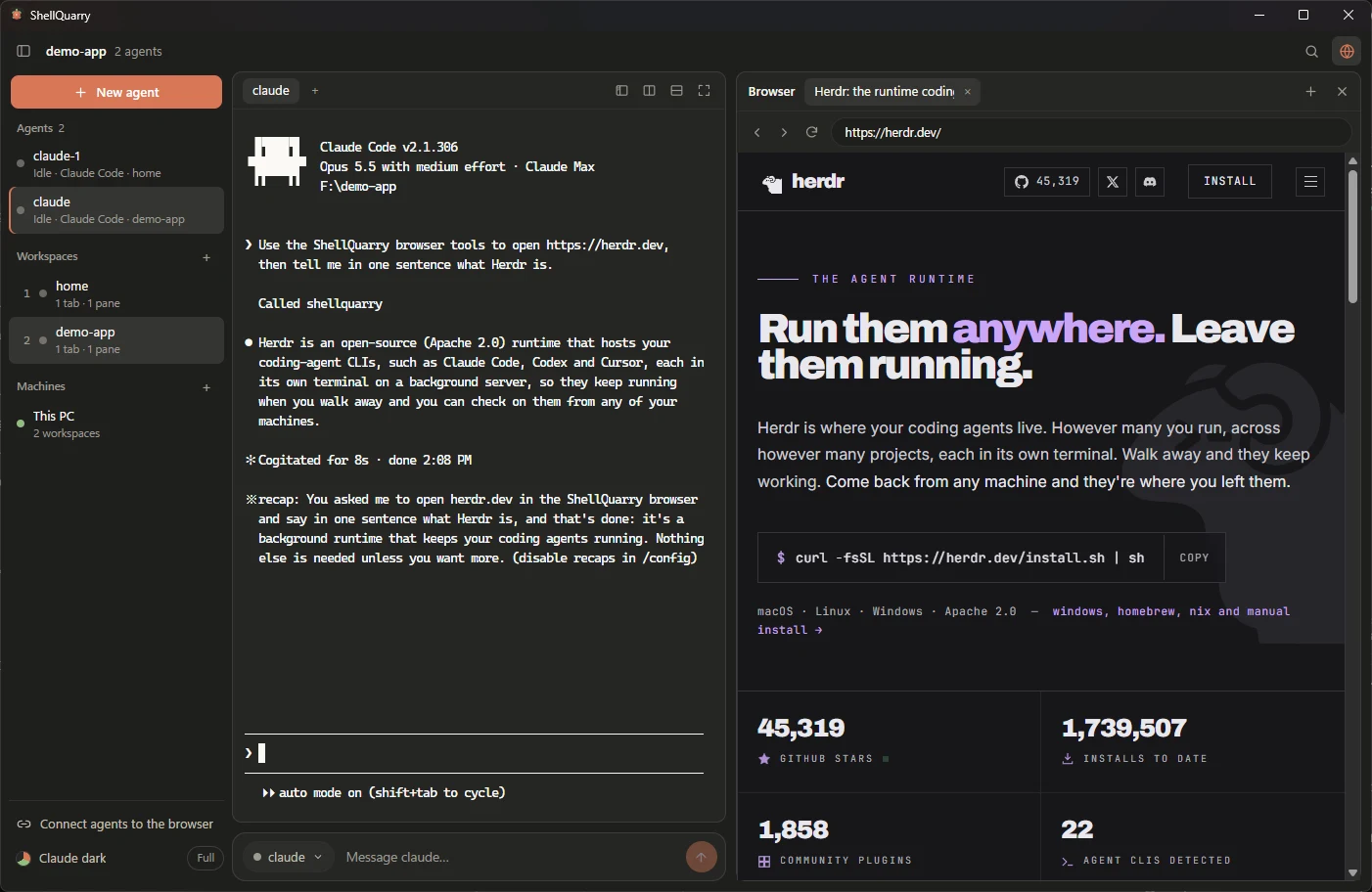 ShellQuarry with a Claude Code agent in the middle that has just read herdr.dev, and the browser panel on the right