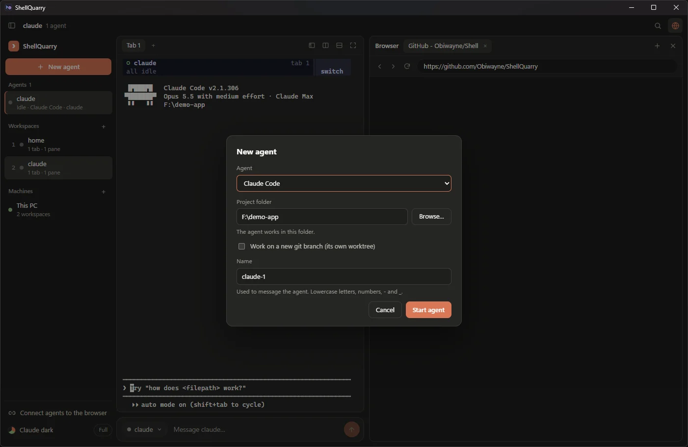 The New agent dialog: choose the agent, a project folder, an optional git branch and a name