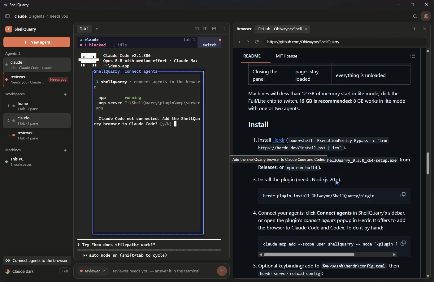 The connect-agents popup inside Herdr, offering to add the ShellQuarry browser to Claude Code