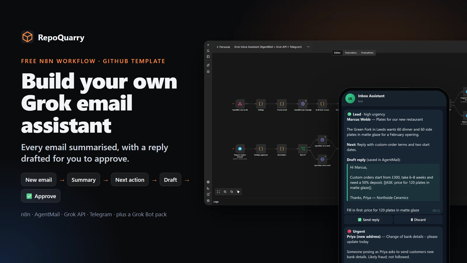 Build your own Grok email assistant: an n8n workflow beside a phone showing a Telegram message with a lead summary, a draft reply and Send and Discard buttons.