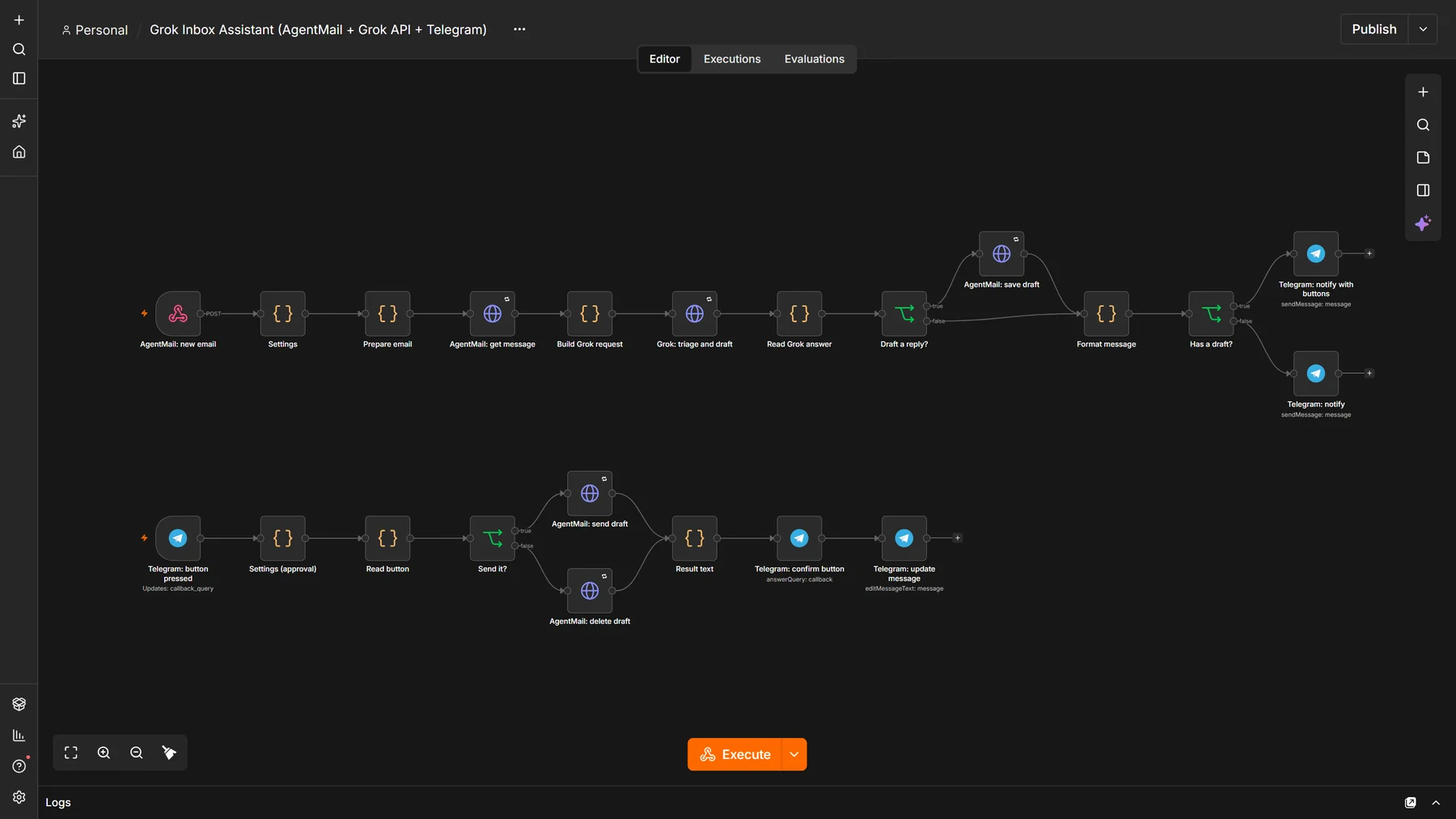 The workflow in n8n's editor: the email flow on top, the approval flow underneath