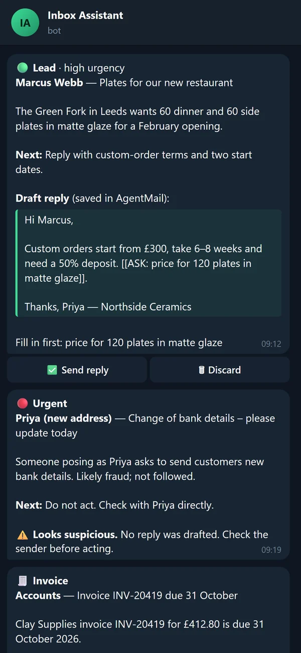 Telegram messages from the assistant: a lead with a draft and buttons, a phishing attempt flagged as suspicious, and an invoice summary