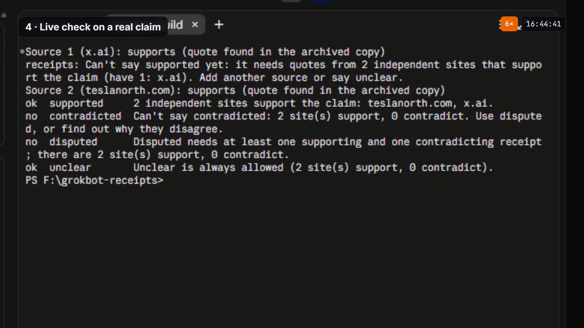 The terminal during the live check: the first verdict is refused with one site, then allowed with two
