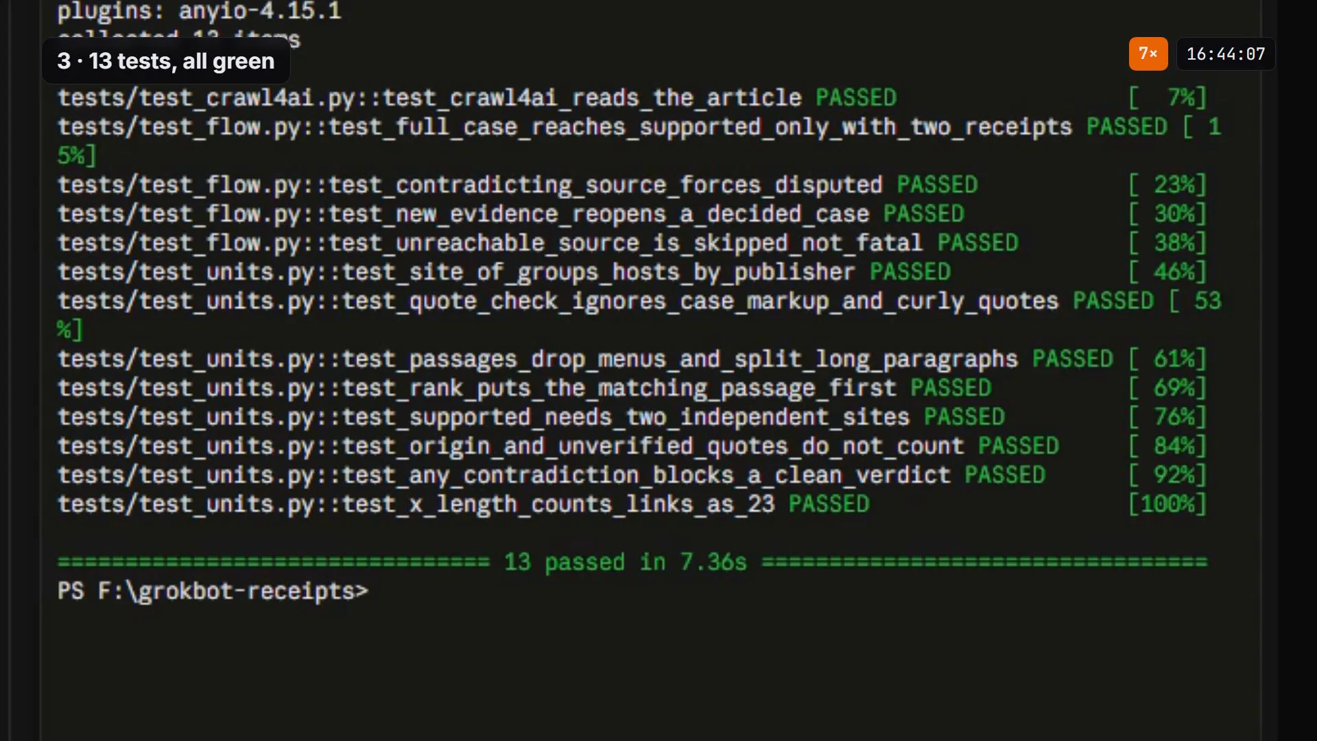 13 tests passing in the terminal during the recorded build