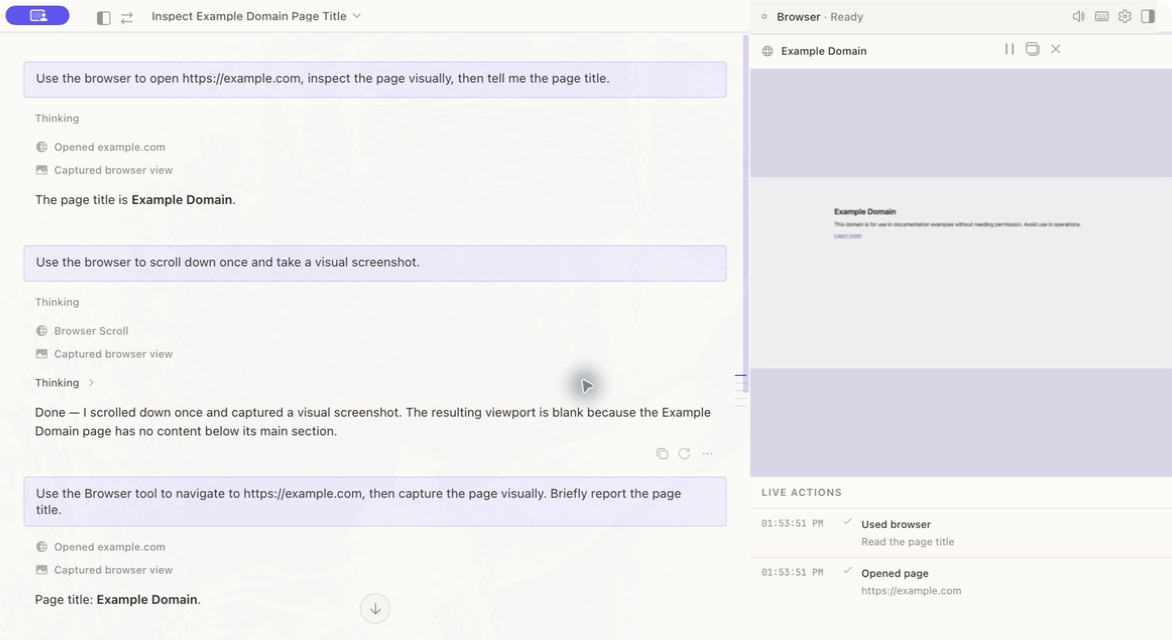 Browser Agent Live View docked beside chat