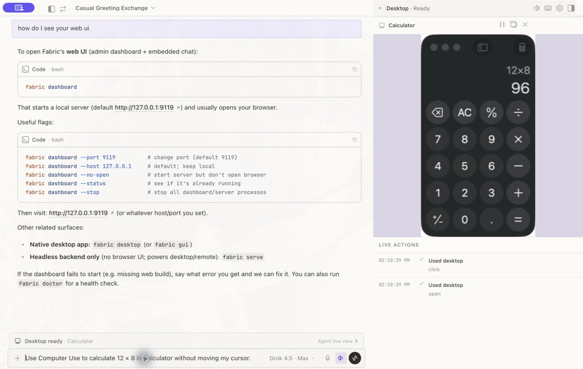 Computer Use Agent Live View docked beside chat